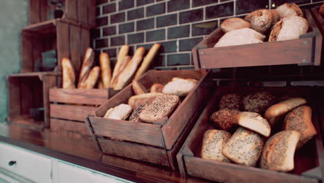 fresh bread on shelves in bakery