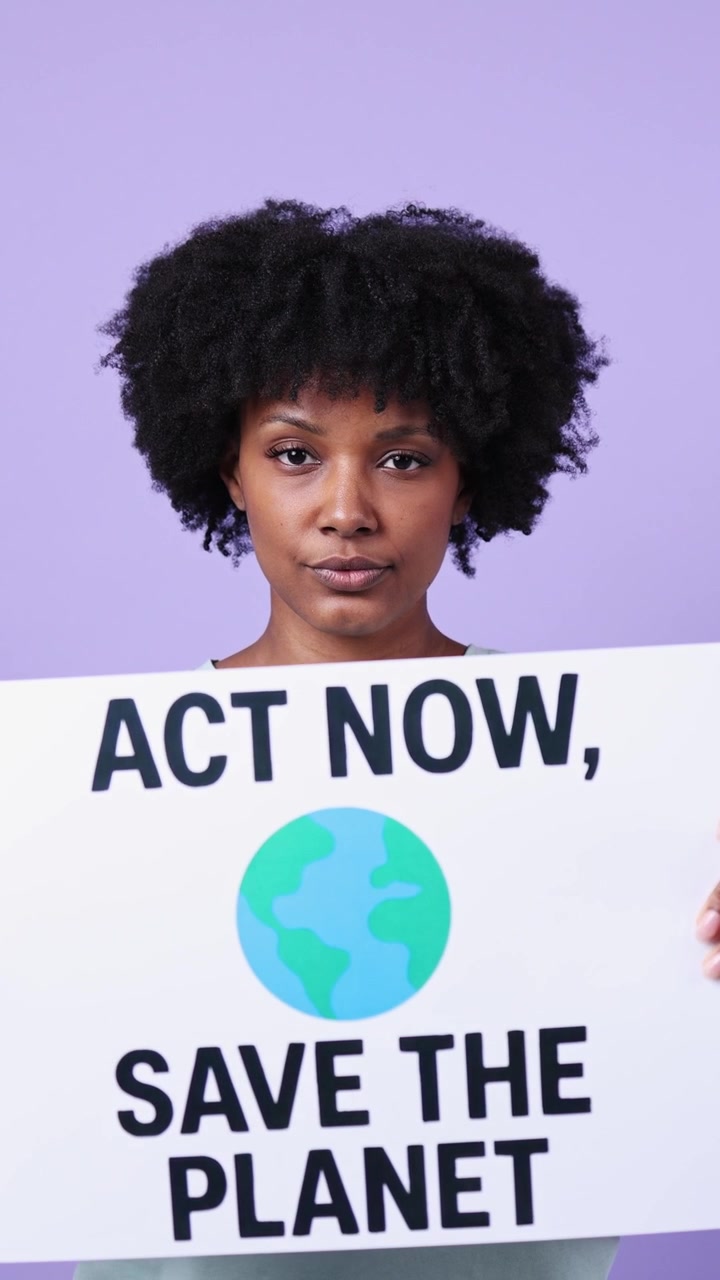 Young African American Woman Holding 'Act Now, Save the Planet' Sign