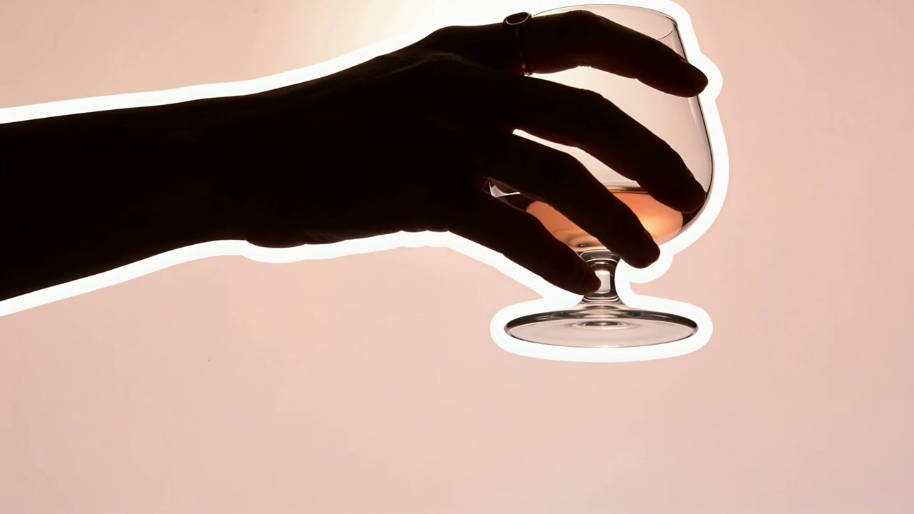 Entering left, sleeved arm holding snifter rotating, lowering, adjusting in studio, amber, ring