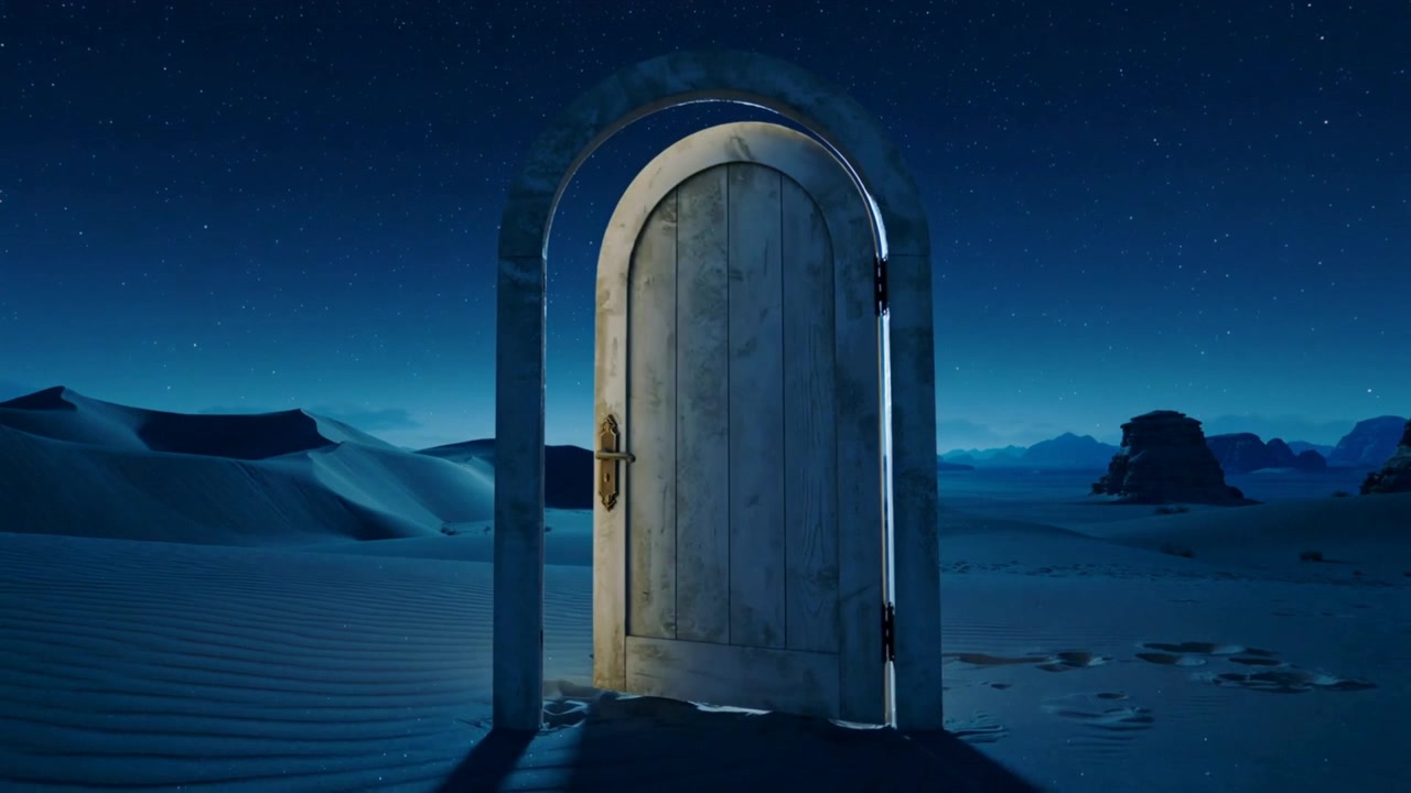 Opening arched door swinging as light sliver appearing, spilling warm light onto sand under stars