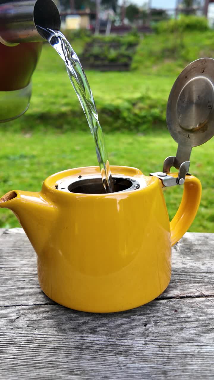 Adding loose black tea to a yellow teapot