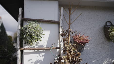 rustic winter/fall decor on a ladder