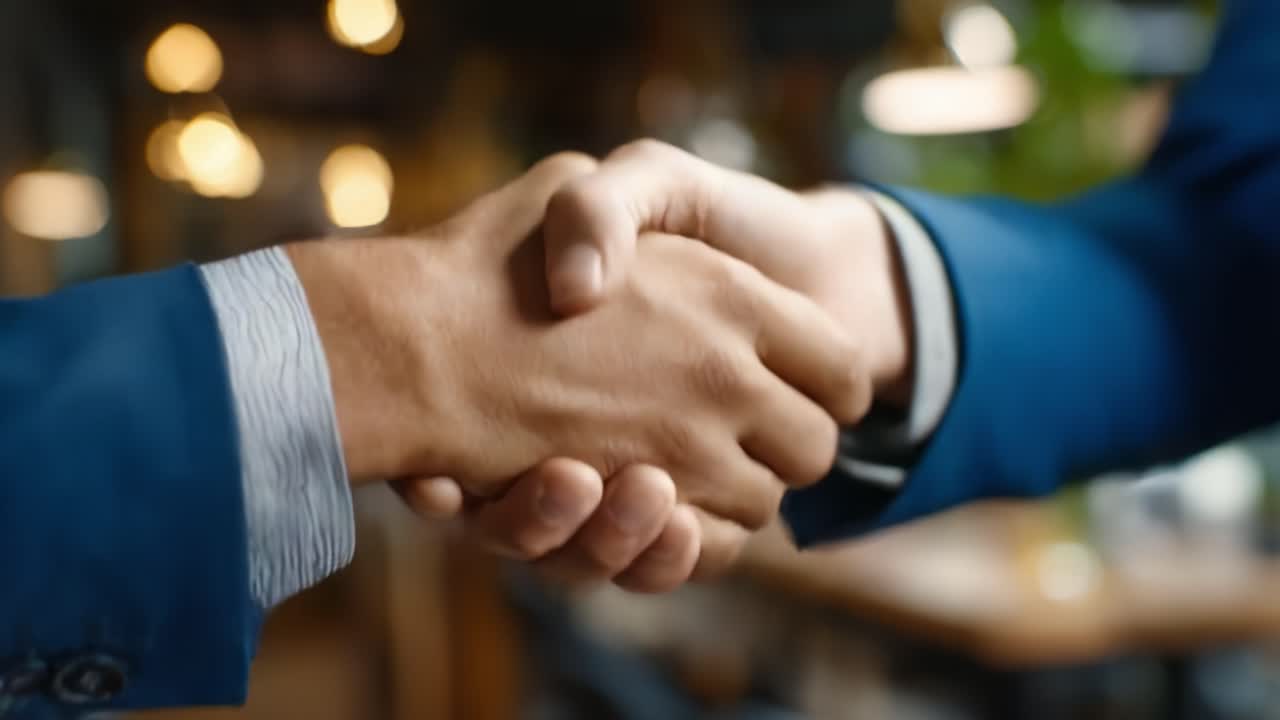 A Professional Agreement Established Through a Handshake, Signifying Trust, Collaboration, and New Beginnings in a Business Environment with Warm Lighting