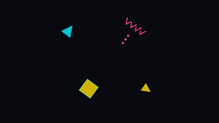 Abstract Memphis Style Geometric Shapes Moving on Dark Background