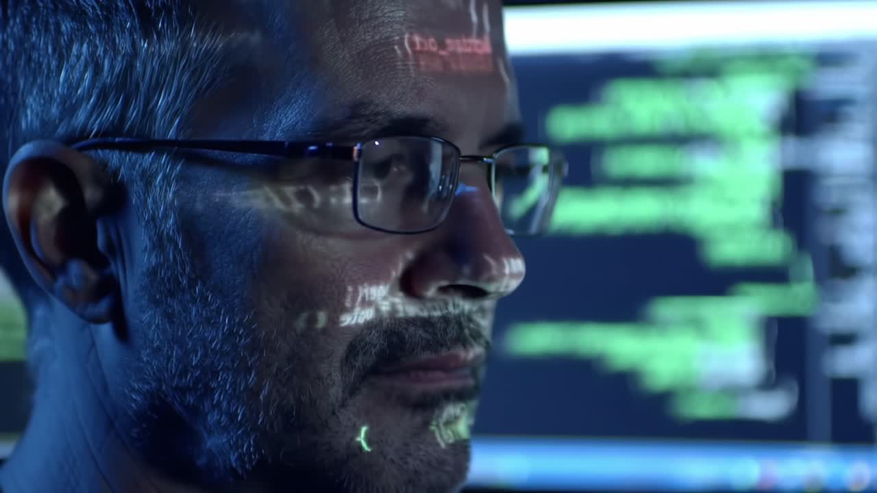 A Focused Programmer Analyzes Code with Digital Text Reflected on His Face in a Dimly Lit Environment, Emphasizing the Blend of Technology and Introspection