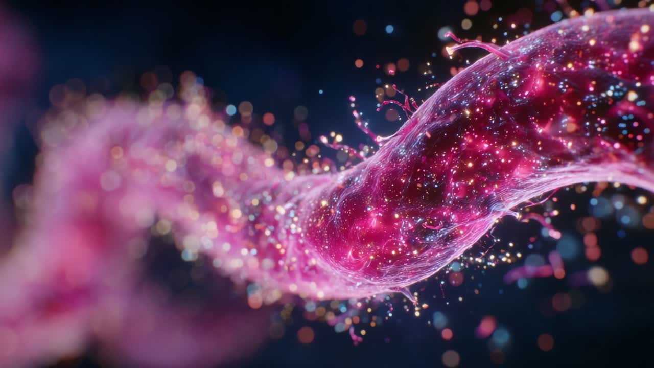 Una straordinaria esibizione di onde energetiche e particelle colorate in movimento, che rappresenta la bellezza della luce e dei fenomeni naturali in uno stile astratto.