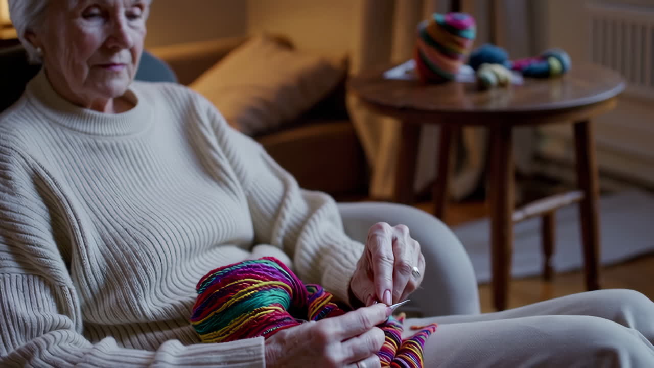 Elderly woman knitting indoors
