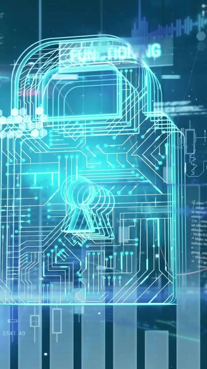 Animation of padlock icon and data processing on black background