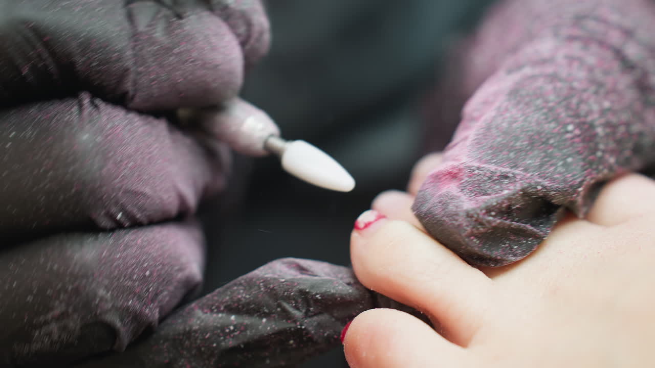 Close up of nail technician wearing black glove using electric file on client fingernail while red polish particles scatter on glove and in air during detailed manicure procedure