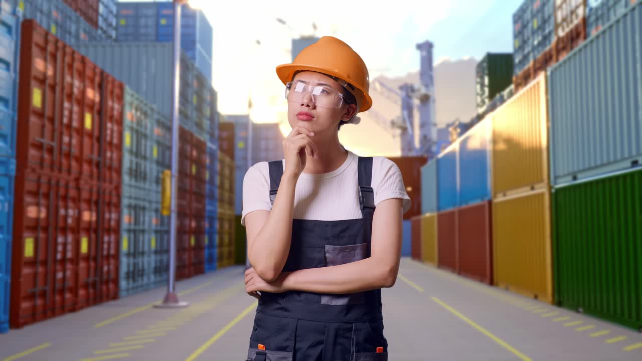 Asian Woman Worker Wearing Goggles And Safety Helmet Thinking About Something And Looking Around While Standing At Container Yard Warehouse