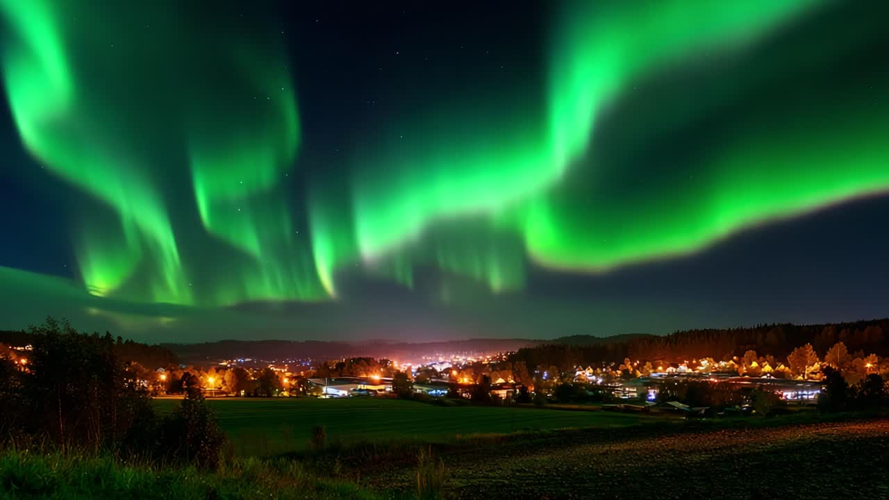 Breathtaking Spectacle of Northern Lights Illuminating the Night Sky Over a Small Town: A Captivating Display of Colorful Auroras Dancing Above the Peaceful Landscape, Creating an Unforgettable Evening Experience