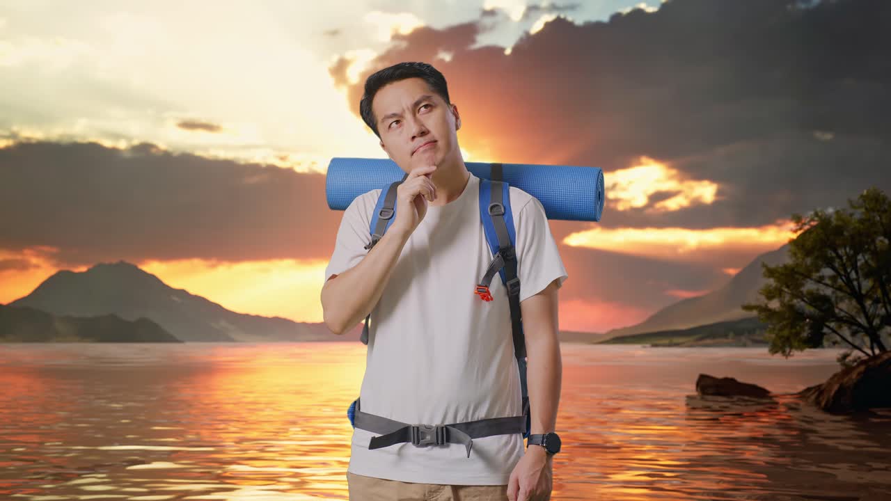 Asian Male Hiker With Mountaineering Backpack Thinking About Something And Looking Around Then Raising His Index Finger At A Lake