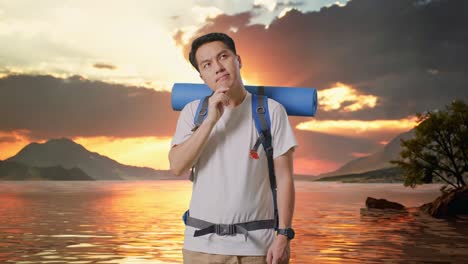 asian male hiker with mountaineering backpack thinking about something and looking around then raising his index finger at a lake