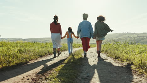 happy, family and holding hands skipping outdoor