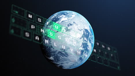 Animation of keyboard letters data processing over globe