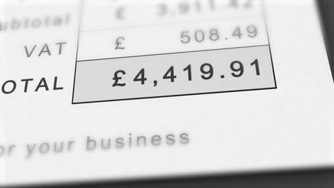 close up animation of growing invoice total in british pounds