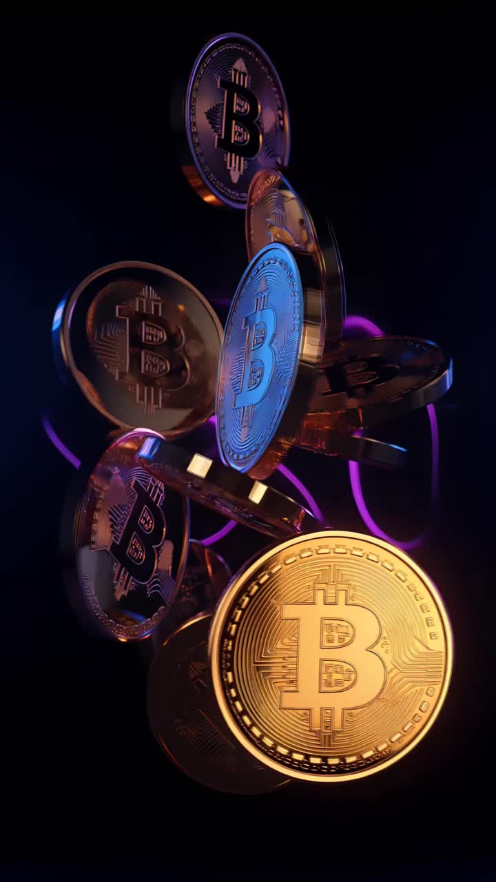 Animazione rotante di Bitcoin dorato su sfondo scuro, criptovaluta cinematografica 4K.