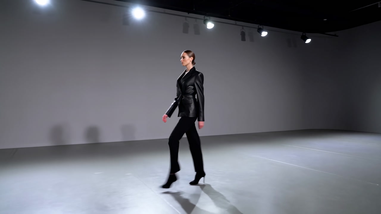 Female Model Walking In Studio Wearing Leather Coat And Heels, Confident Editorial Stride Under Spotlights