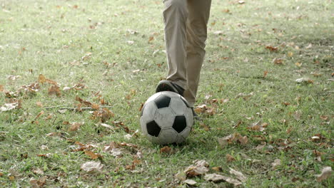 boy with short hair and striped shirt kicks soccer ball and touches it with his head in the park