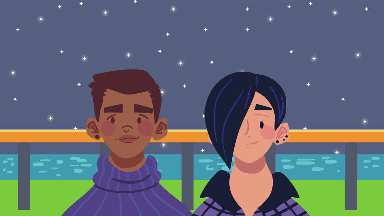 야간 장면의 인종 간 커플 애니메이션