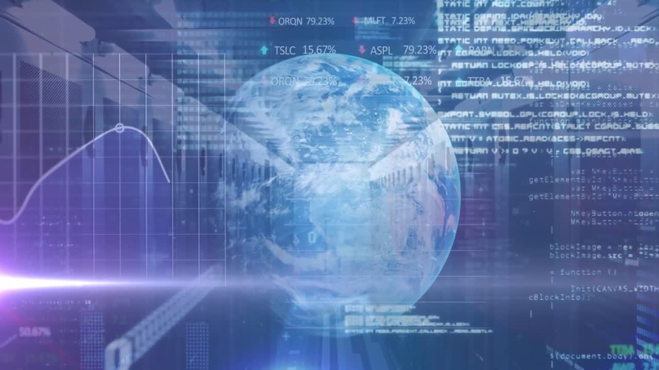 Animation of binary codes, graphs, trading boards, globe and computer language over server room