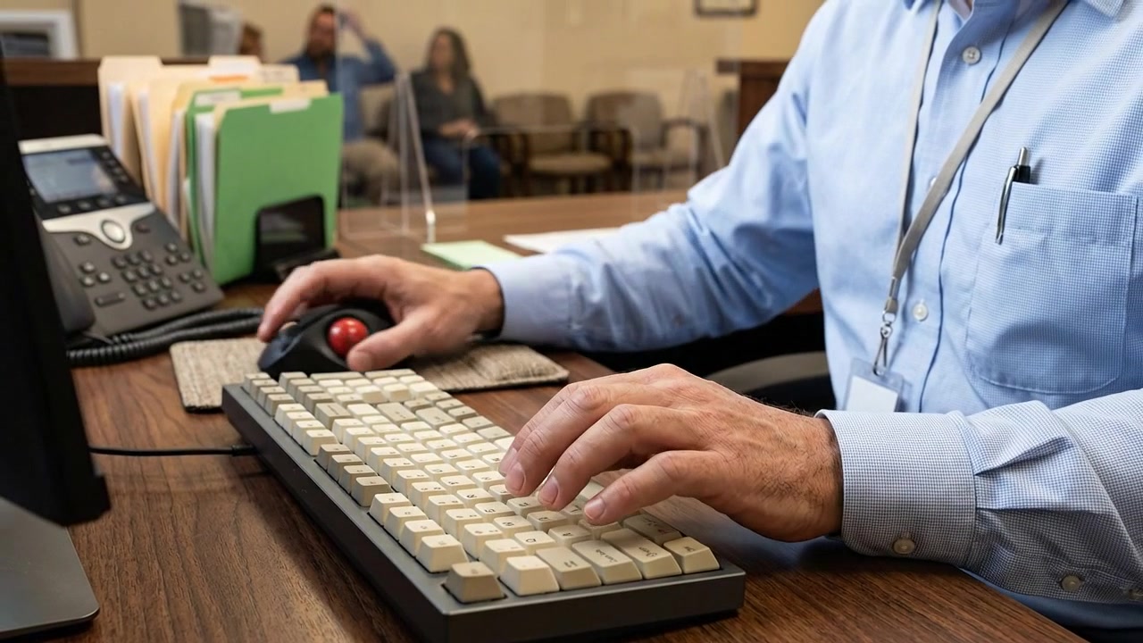 Mani professionali che lavorano sulla tastiera del computer in un moderno spazio di lavoro d'ufficio.
