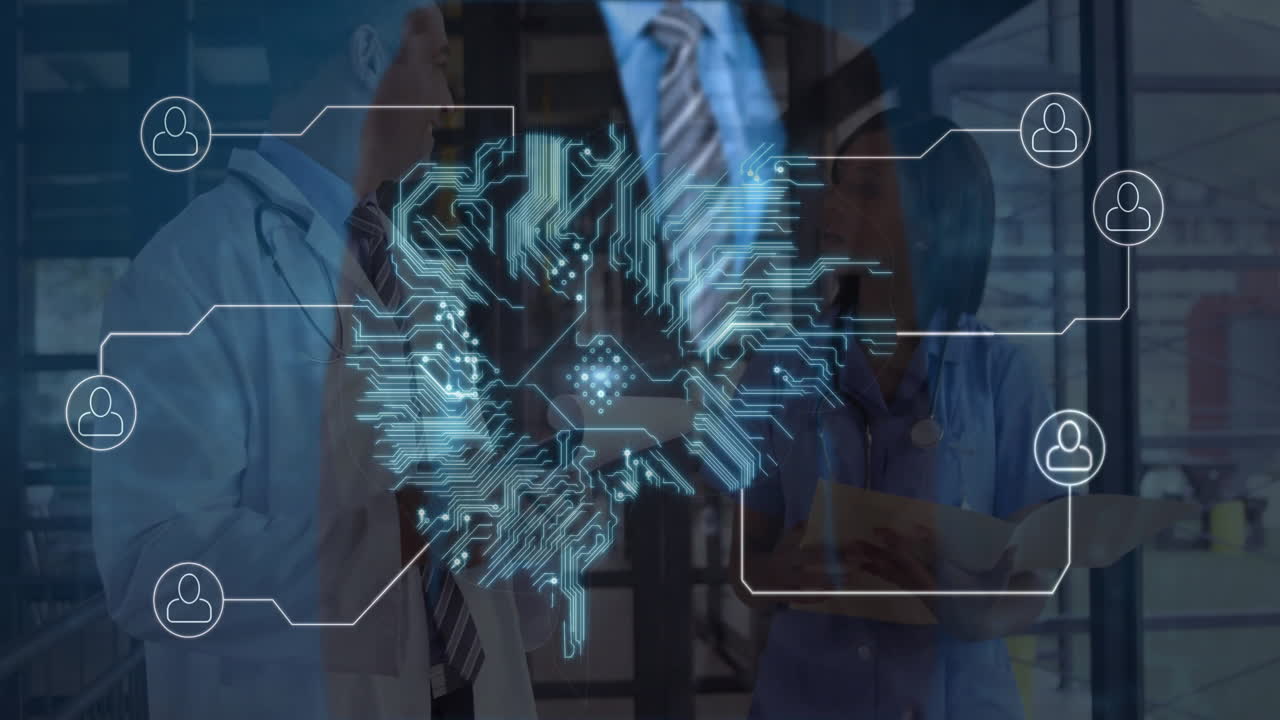 Male and female doctor reviewing file in medical clinic showing brain network and profile icons