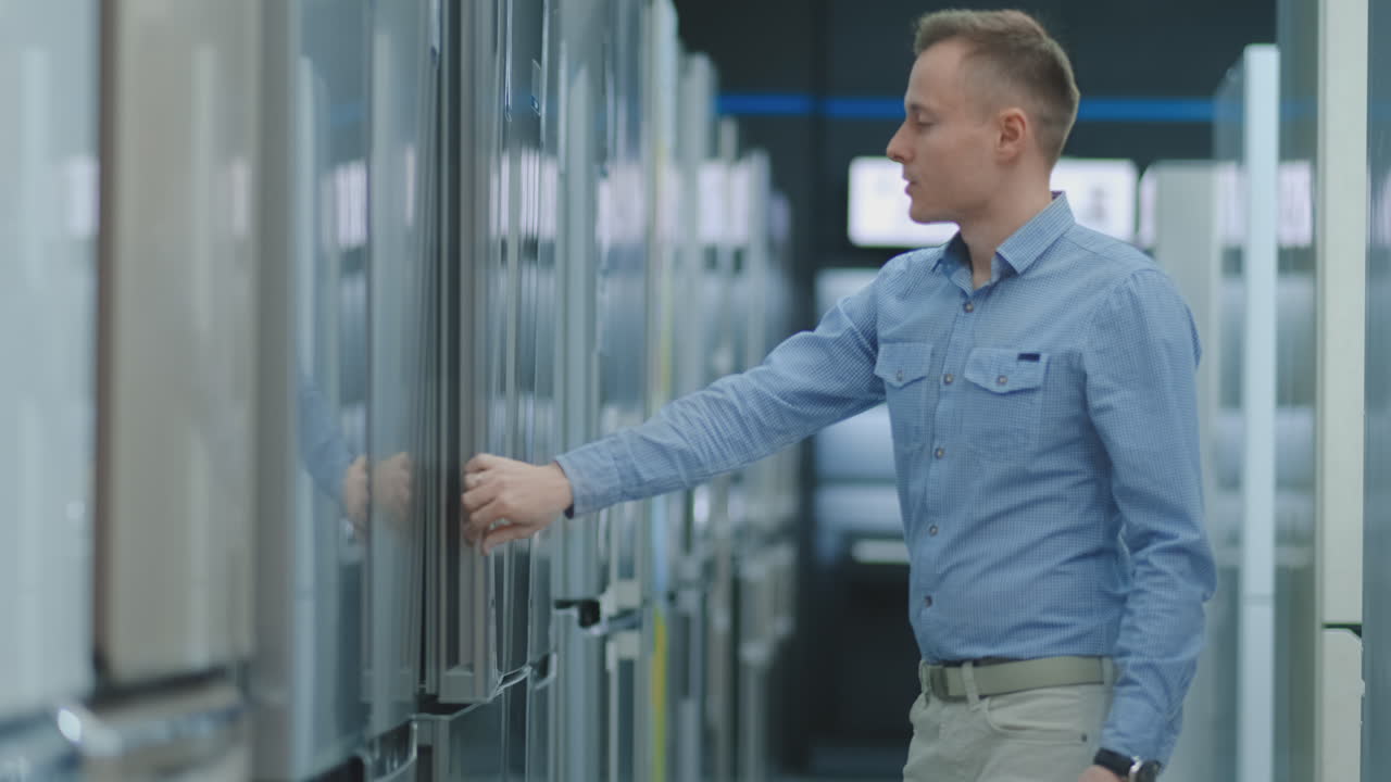 человек открывает дверь стиральной машины, проверяет дизайн и качество перед покупкой в магазине бытовой электроники. прочитайте информацию о ценнике и характеристиках