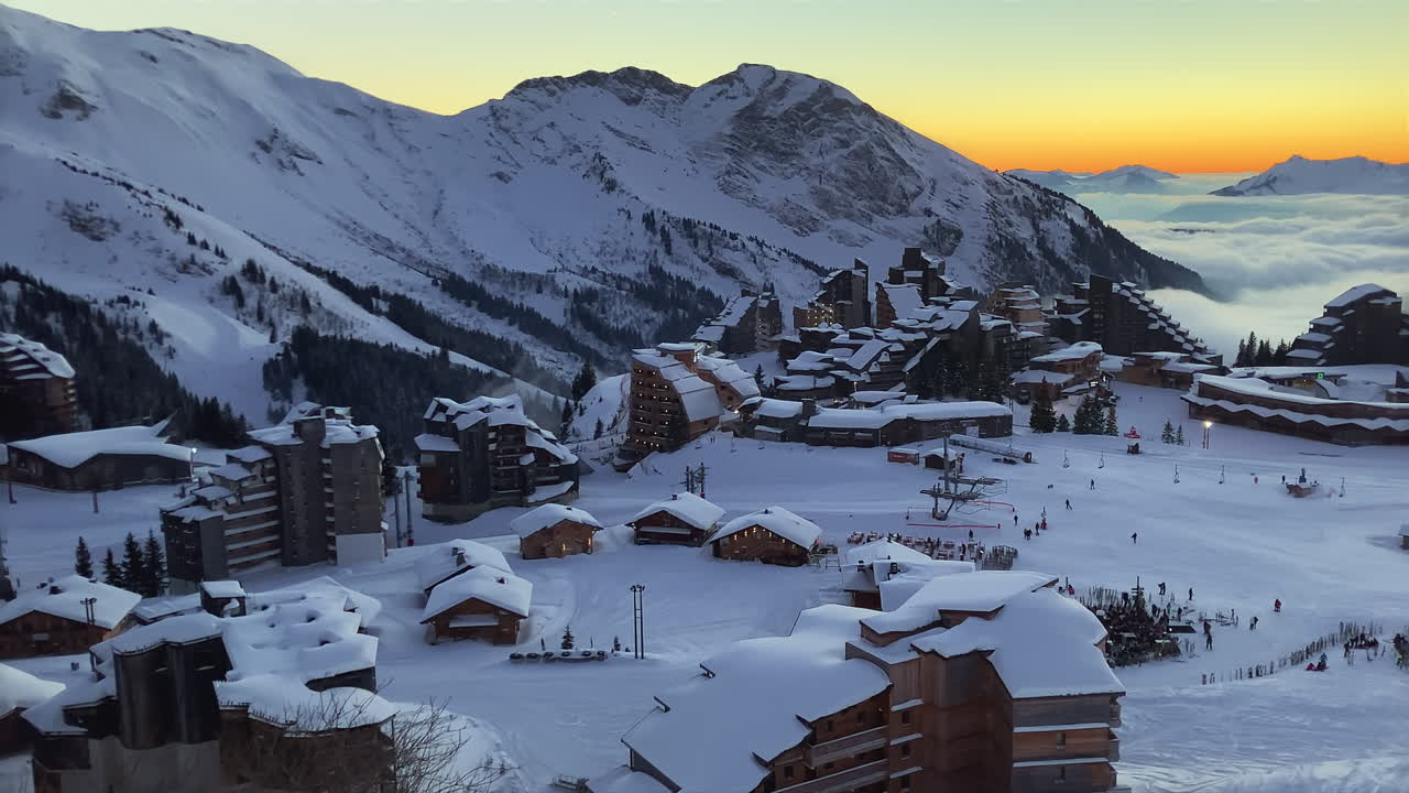 Beautiful sunset at Avoriaz Ski Resort Village in French Alps