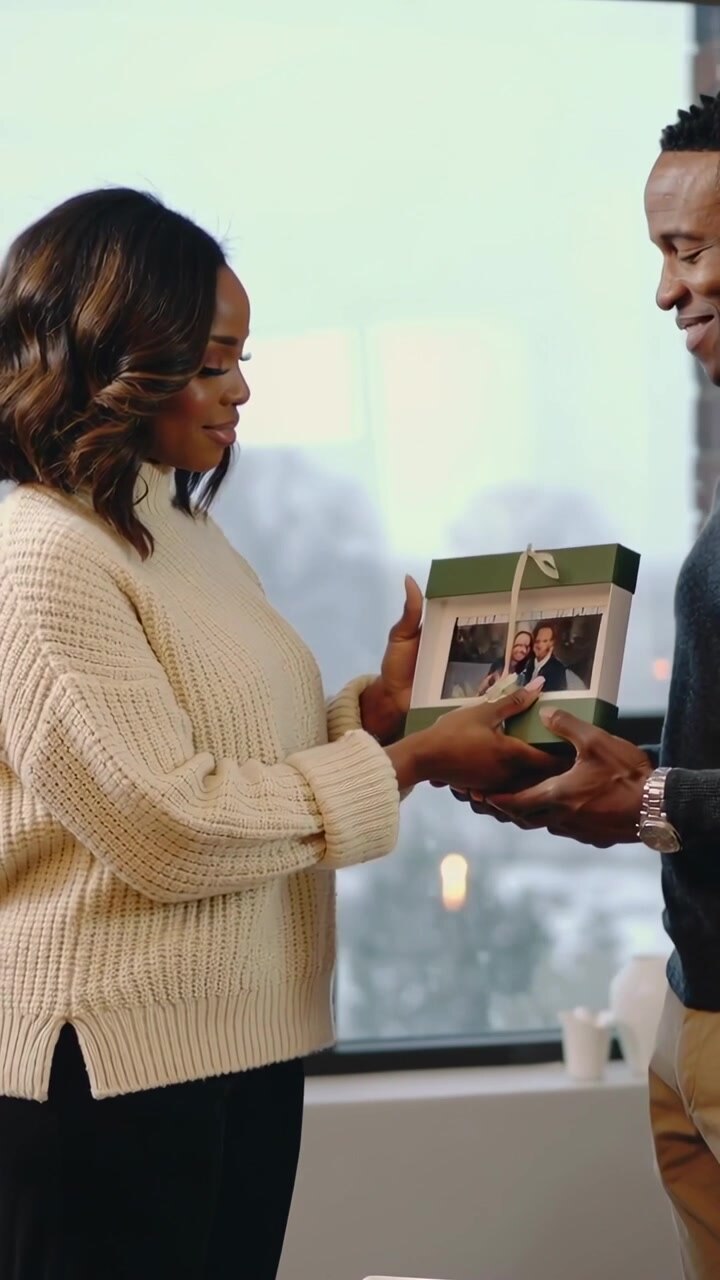 Vertical video: Giving woman in cream knit handing green gift box to man by snowy window as present