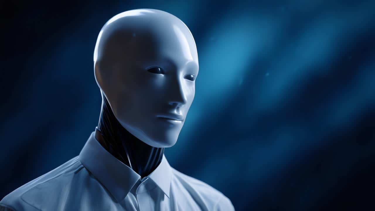 Un primo piano di un robot umanoide con un volto liscio e senza lineamenti e una camicia, ambientato su uno sfondo blu drammatico, che emana un'aura di mistero e tecnologia.