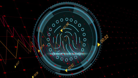 animation of data processing against cyber security text banner and biometric fingerprint scanner