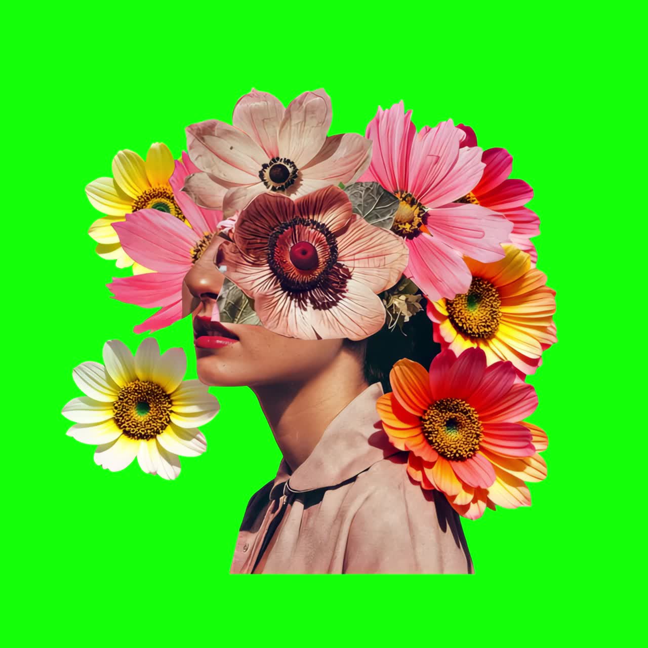 Surreal floral portrait art transparent 4K video, green screen