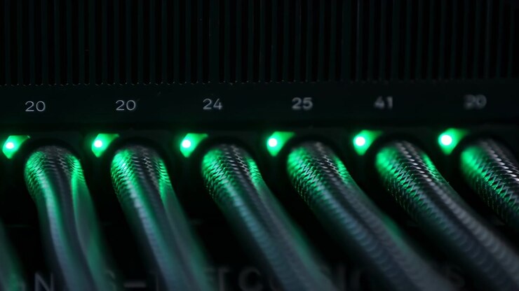 Low-angle close view of braided metal cables inserted into rack mounted circular ports while status LEDs shift color and light connector row inside dark equipment bay, with cable, connector, braid