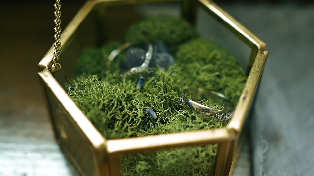 약혼하는 동안 아름다운 장식용 항아리에 다이아몬드 반지를 닫습니다.