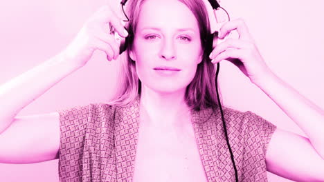 cool female dancer with changing retro headphones to listen to music