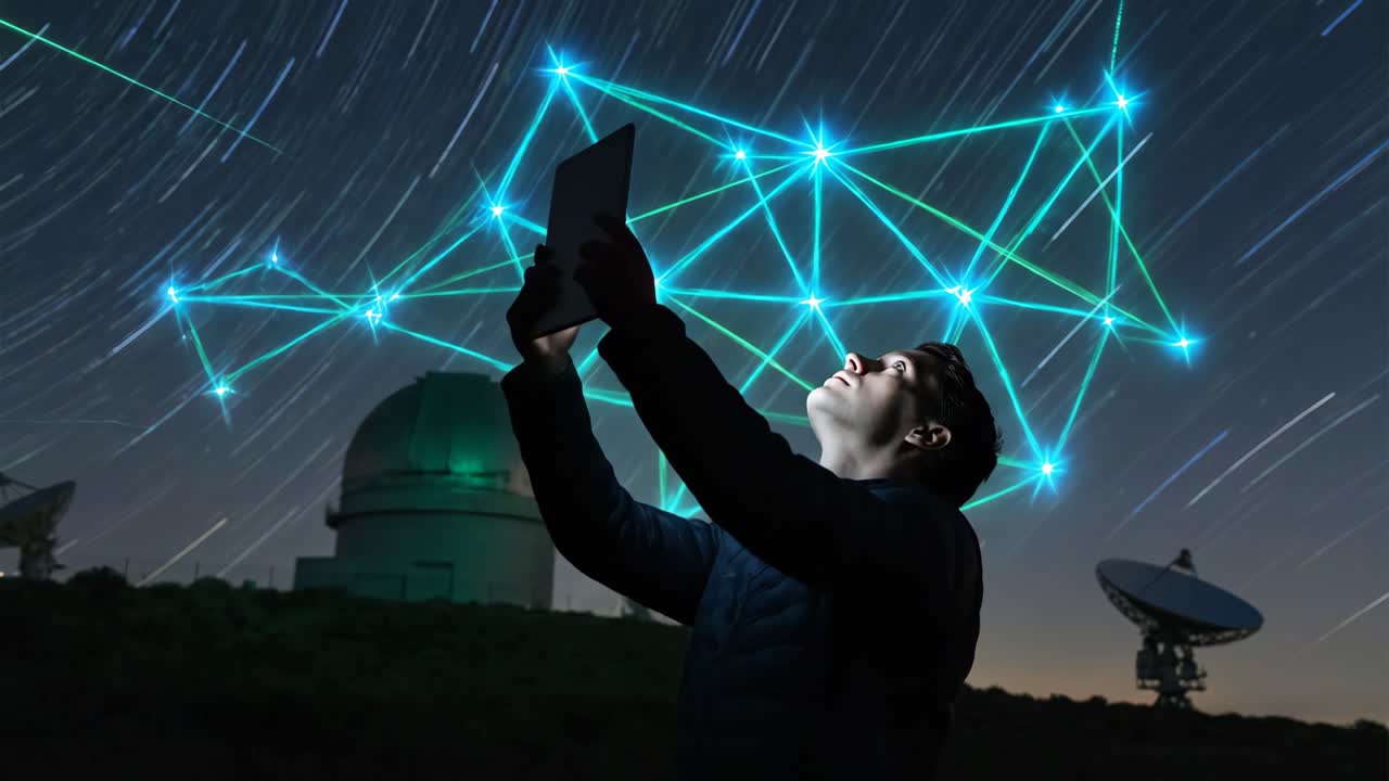 Hombre con constelaciones digitales superpuestas en un observatorio nocturno