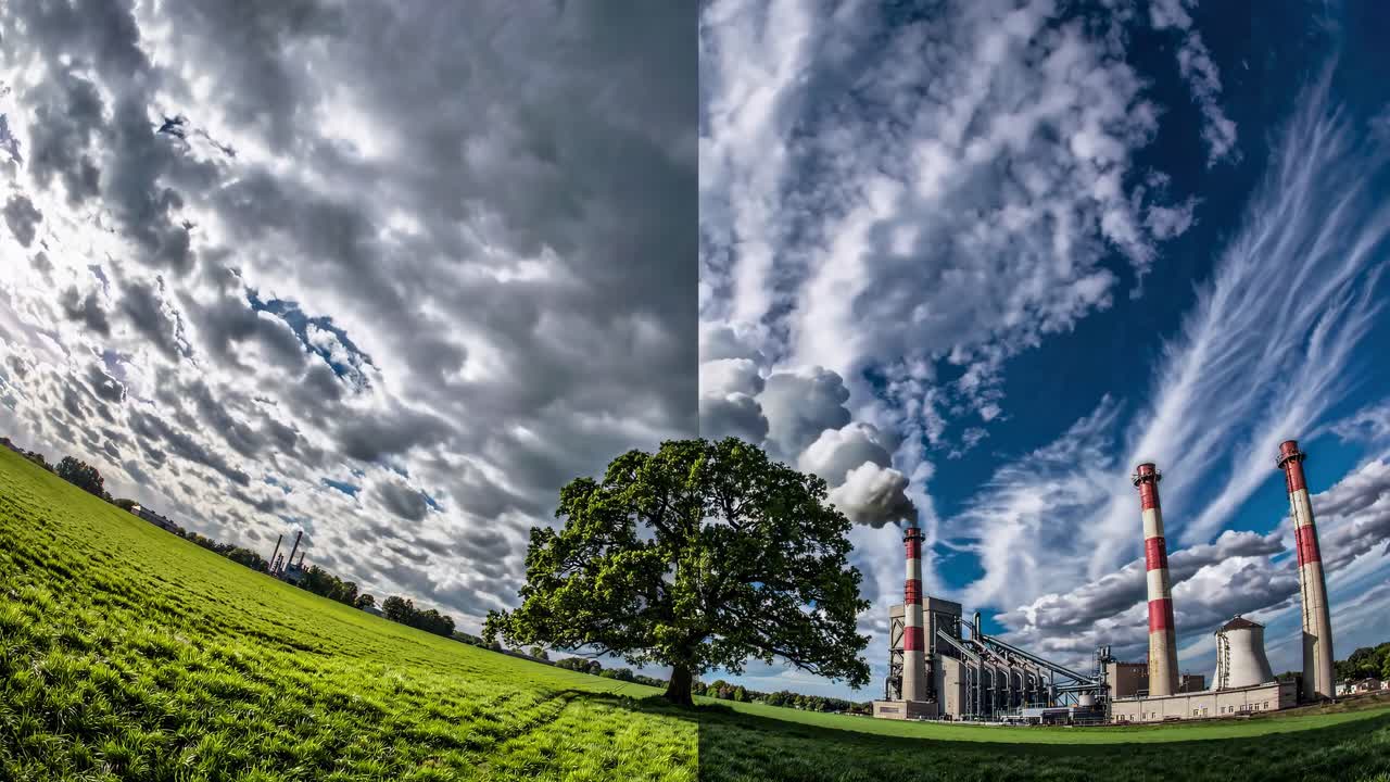 Split-screen video concept showing contrasting landscapes: a lone tree in a field and a power plant