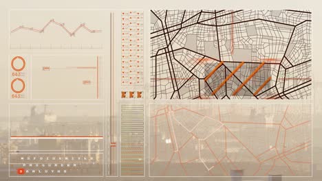 animación de la interfaz con el procesamiento de datos frente a una vista aérea del paisaje urbano
