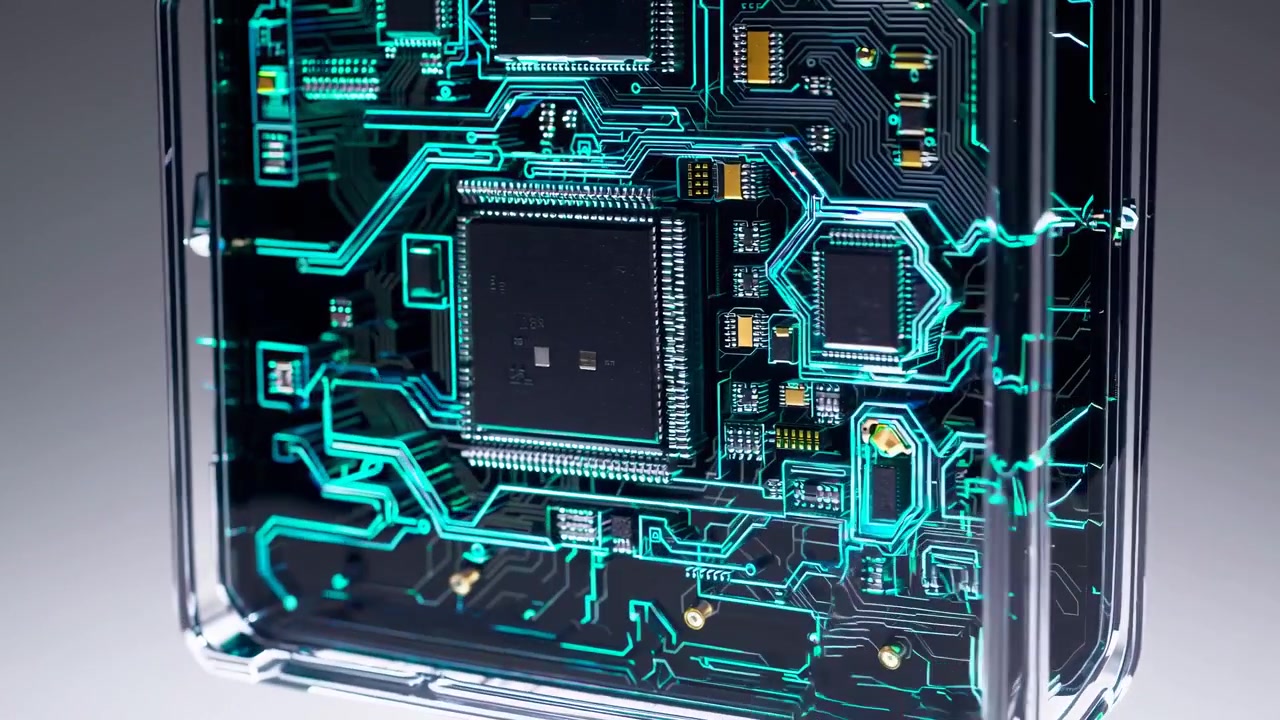 Digital Circuit Board with Glowing Green Data Flow