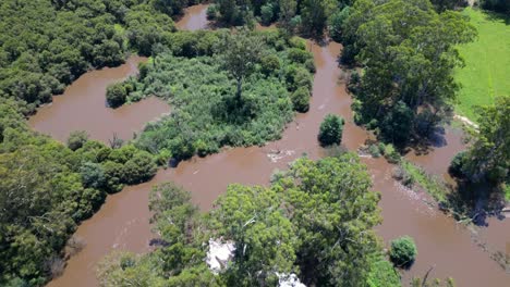 Drohne-Von-Oben-Nach-Unten-über-Schlammiges-Hochwasser,-Fluss-Dehnte-Sich-Aus,-Um-Bäume-In-Der-Landschaft-Zu-Verschlingen