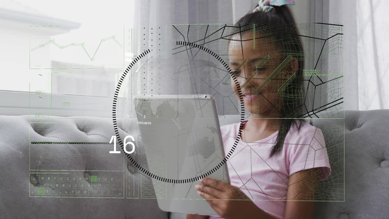 Girl on gray sofa holding white tablet, tapping and starting education HUD rising then winding down