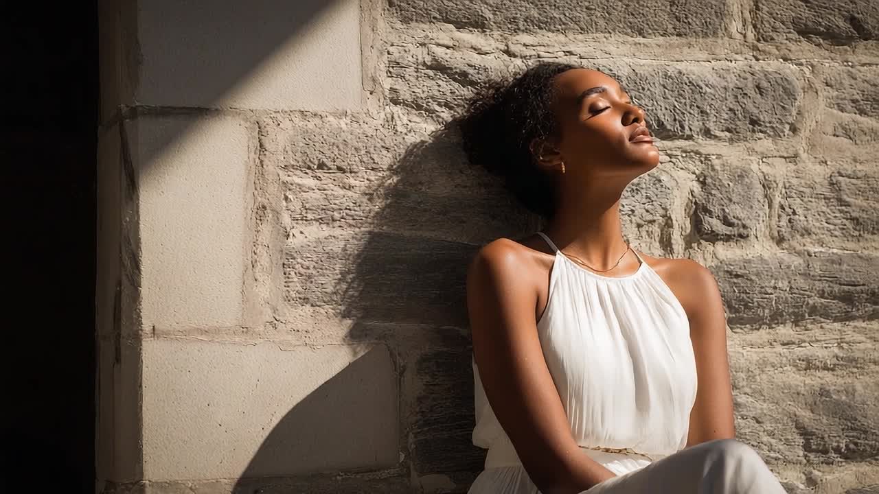 Donna che si gode la luce del sole vicino a un muro di pietra in un ambiente interno sereno