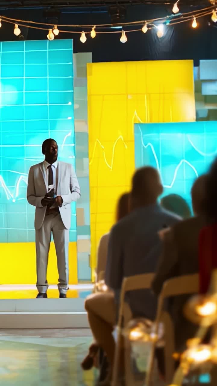 Dynamic Presentation on Stage: Engaging Speaker Discusses Insights Amid Colorful Graphs and Engaged Audience in a Modern Conference Setting