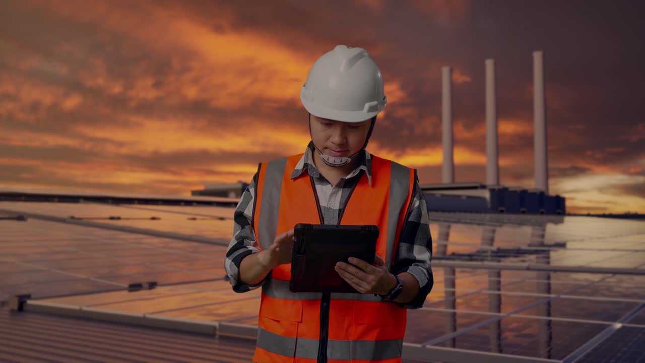 Asian Male Engineer With Safety Helmet Working On A Tablet While Standing, Inspecting Solar Panels on Rooftop at Sunset
