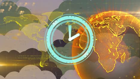 animation of scanner with clock face over glowing yellow global network and data on cloud shapes