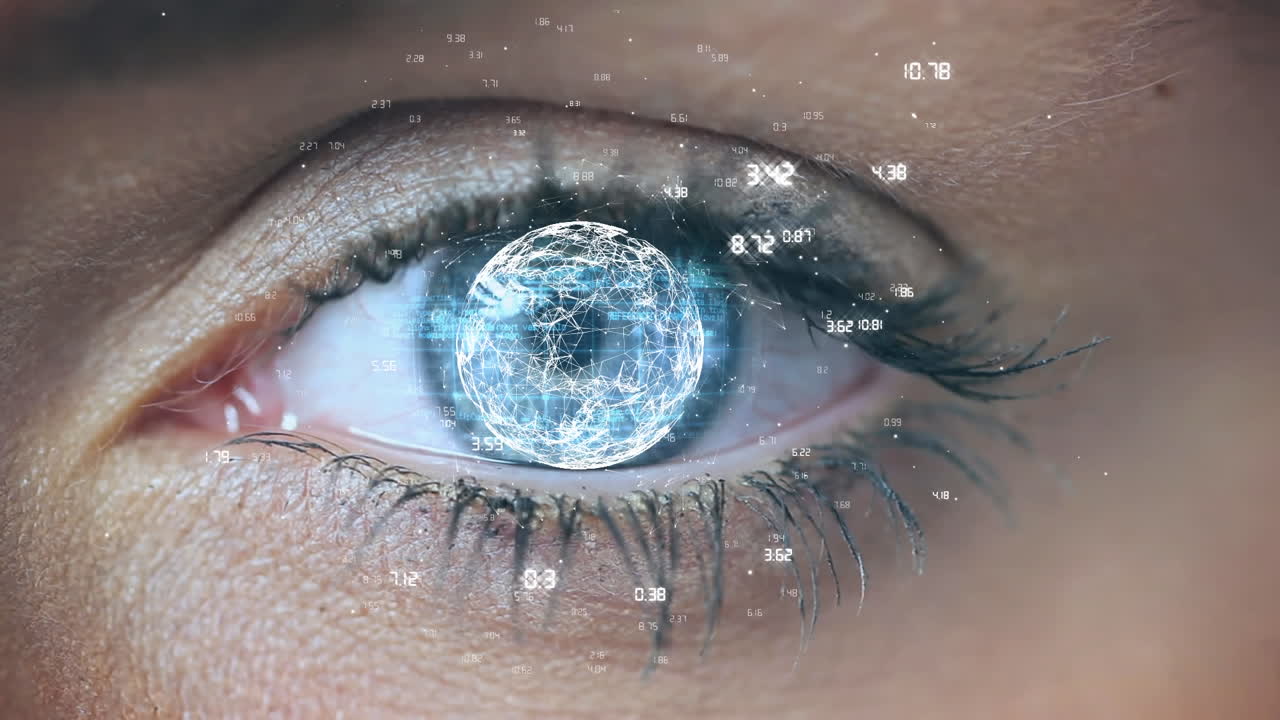 red global rotativa y datos sobre el ojo azul en el fondo