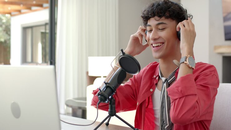 Ragazzo adolescente sorridente che registra un podcast, con cuffie e microfono alla scrivania di casa.