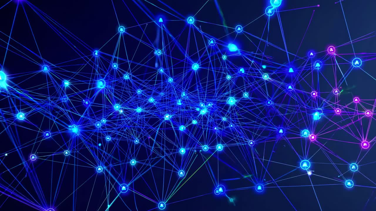 A dynamic video showcasing a network of glowing blue and pink nodes connected by lines, viewed