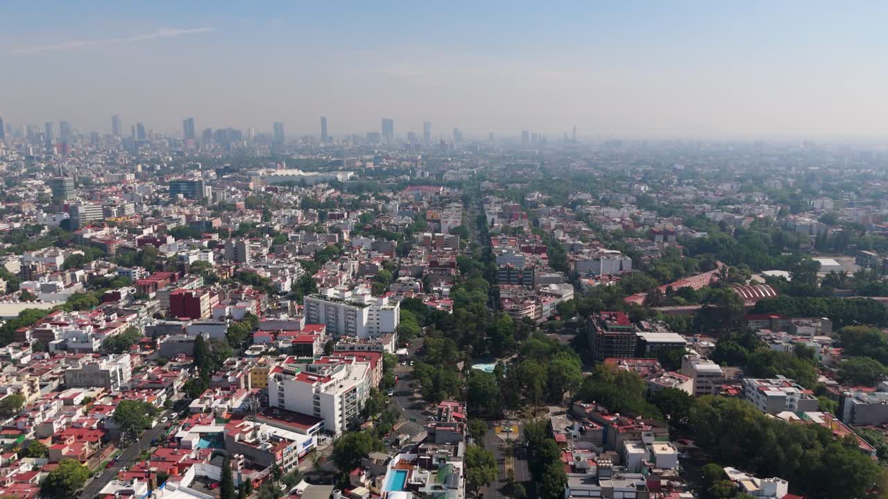 Aerial shot of Narvarte district in CDMX, highlighting its tree-covered roads and roundabout